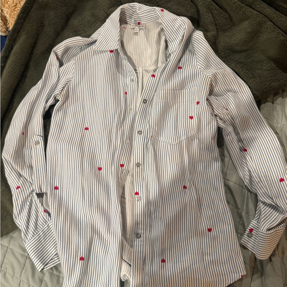 love, Fire Blue and White Striped Shirt with Red Heart Details